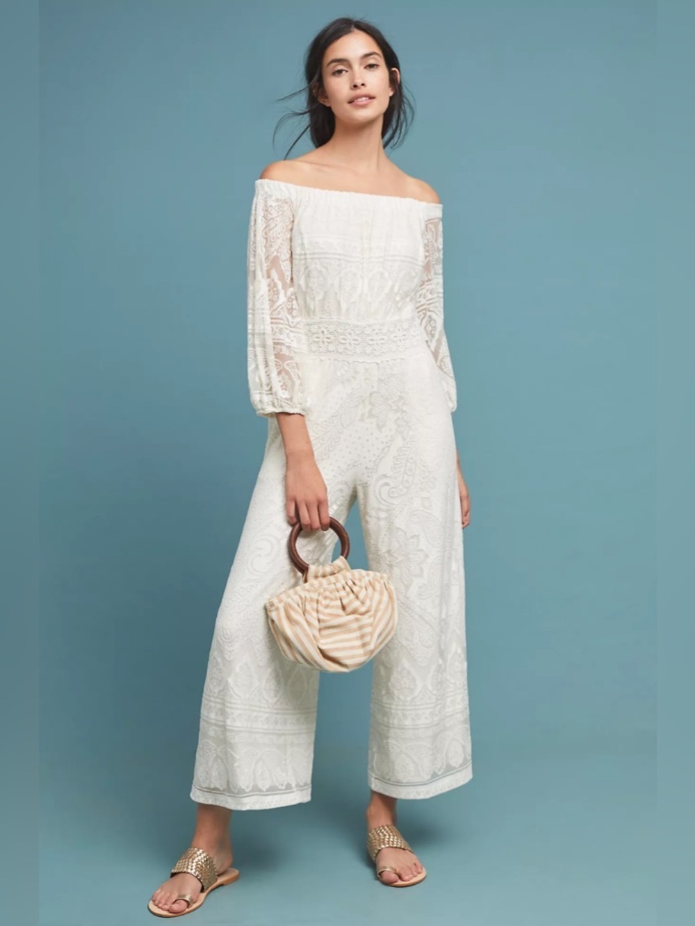 Farm Rio Elliot Off Shoulder Lace Jumpsuit XS White Graduation Bridal by Anthro